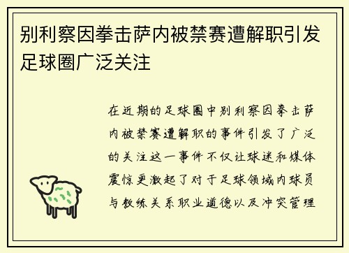 别利察因拳击萨内被禁赛遭解职引发足球圈广泛关注