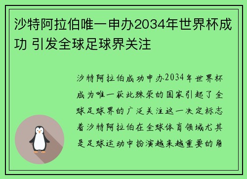 沙特阿拉伯唯一申办2034年世界杯成功 引发全球足球界关注